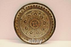 Vintage Indian Bidriware Silver Inlay Plate Bidar Floral Art Tray 5.5 Inch DecR
