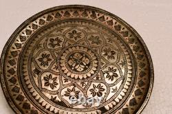 Vintage Indian Bidriware Silver Inlay Plate Bidar Floral Art Tray 5.5 Inch DecR