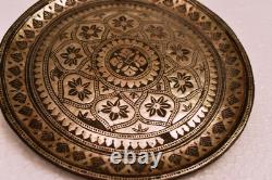 Vintage Indian Bidriware Silver Inlay Plate Bidar Floral Art Tray 5.5 Inch DecR