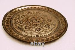 Vintage Indian Bidriware Silver Inlay Plate Bidar Floral Art Tray 5.5 Inch DecR