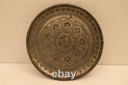 Vintage Indian Bidriware Silver Inlay Plate Bidar Floral Art Tray 5.5 Inch DecR
