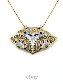 Vintage Indian Guilloche Enamel Fan Pendant Necklace Handmade Vermeil Sterling