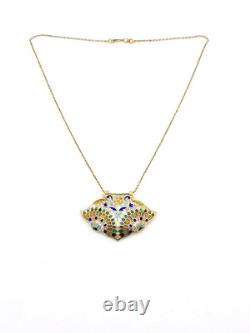 Vintage Indian Guilloche Enamel Fan Pendant Necklace Handmade Vermeil Sterling