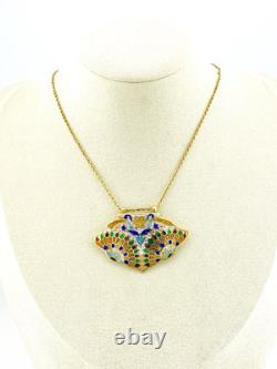 Vintage Indian Guilloche Enamel Fan Pendant Necklace Handmade Vermeil Sterling