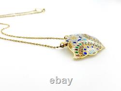 Vintage Indian Guilloche Enamel Fan Pendant Necklace Handmade Vermeil Sterling