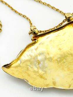 Vintage Indian Guilloche Enamel Fan Pendant Necklace Handmade Vermeil Sterling