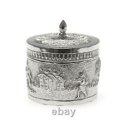 Vintage Indian Silver Plate Small Lidded Round Repousse Box with Pastoral Scenes