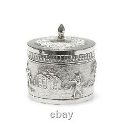 Vintage Indian Silver Plate Small Lidded Round Repousse Box with Pastoral Scenes