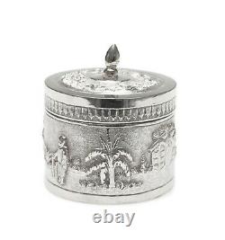 Vintage Indian Silver Plate Small Lidded Round Repousse Box with Pastoral Scenes