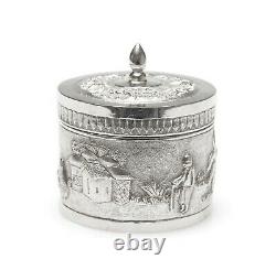 Vintage Indian Silver Plate Small Lidded Round Repousse Box with Pastoral Scenes