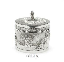 Vintage Indian Silver Plate Small Lidded Round Repousse Box with Pastoral Scenes