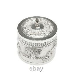 Vintage Indian Silver Plate Small Lidded Round Repousse Box with Pastoral Scenes