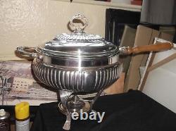 Vintage Large Silver Plated Chafing Pan + Paw Feet Stand Burner LID & Glass Dish