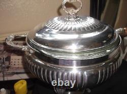 Vintage Large Silver Plated Chafing Pan + Paw Feet Stand Burner LID & Glass Dish