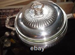 Vintage Large Silver Plated Chafing Pan + Paw Feet Stand Burner LID & Glass Dish