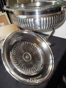 Vintage Large Silver Plated Chafing Pan + Paw Feet Stand Burner LID & Glass Dish