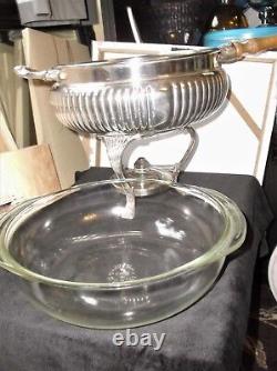 Vintage Large Silver Plated Chafing Pan + Paw Feet Stand Burner LID & Glass Dish