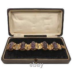 Vintage Mexican Gold Plated Sterling Silver Carved Amethyst Aztec Face Bracelet