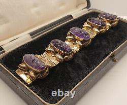 Vintage Mexican Gold Plated Sterling Silver Carved Amethyst Aztec Face Bracelet