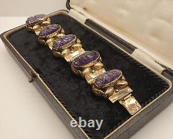 Vintage Mexican Gold Plated Sterling Silver Carved Amethyst Aztec Face Bracelet