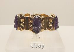 Vintage Mexican Gold Plated Sterling Silver Carved Amethyst Aztec Face Bracelet