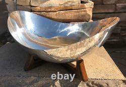 Vintage Mid-Century Modern MCM Modernist Silver Plate Footed Bowl Wooden Base