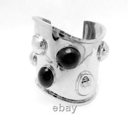 Vintage Modernist Silver Plated Black Glass Wide Cuff Bracelet 26709