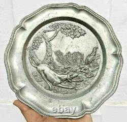 Vintage Old Antique Lead Metal Dog Bird Figure Embossed Home Decor Plate / Tray