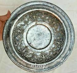 Vintage Old Brass Floral Design Embossed Jail Cut Work Silver Plated Plate /Tray