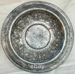 Vintage Old Brass Floral Design Embossed Jail Cut Work Silver Plated Plate /Tray