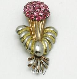 Vintage PENNINO STERLING Brooch Rose Gold Plated Rhinestone Flower Vase Pin