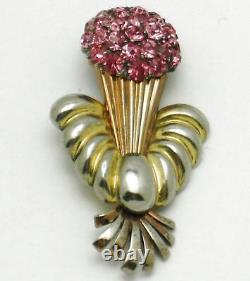 Vintage PENNINO STERLING Brooch Rose Gold Plated Rhinestone Flower Vase Pin