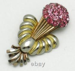 Vintage PENNINO STERLING Brooch Rose Gold Plated Rhinestone Flower Vase Pin