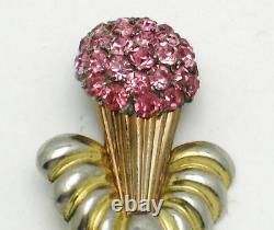 Vintage PENNINO STERLING Brooch Rose Gold Plated Rhinestone Flower Vase Pin