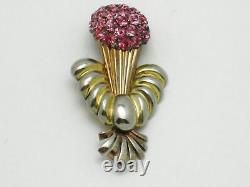 Vintage PENNINO STERLING Brooch Rose Gold Plated Rhinestone Flower Vase Pin