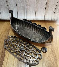 Vintage RARE SILVER PLATE VIKING SHIP Lawrence B. Smith 12 Nordic Flower Frog