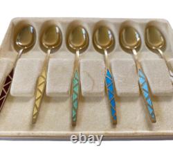 Vintage Retro Scandinavian Gold Plated E10 Sterling Silver Enamel Spoons Denmark