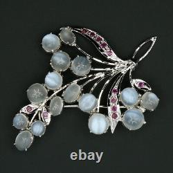Vintage Rhodium Plated Red Rubies Moonstones Openwork Floral Spray Brooch 1940s
