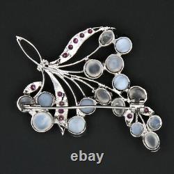 Vintage Rhodium Plated Red Rubies Moonstones Openwork Floral Spray Brooch 1940s