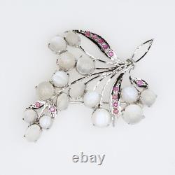 Vintage Rhodium Plated Red Rubies Moonstones Openwork Floral Spray Brooch 1940s