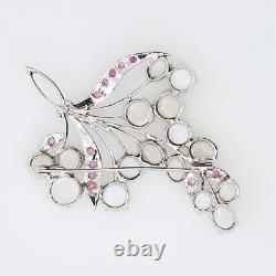 Vintage Rhodium Plated Red Rubies Moonstones Openwork Floral Spray Brooch 1940s