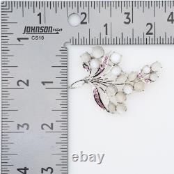 Vintage Rhodium Plated Red Rubies Moonstones Openwork Floral Spray Brooch 1940s