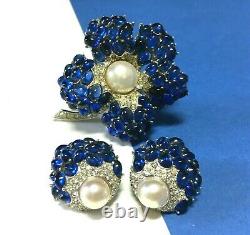 Vintage Signed BOUCHER Faux Sapphire Pearl Rhinestone BROOCH & Earring SET WW22