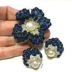 Vintage Signed BOUCHER Faux Sapphire Pearl Rhinestone BROOCH & Earring SET WW22