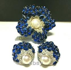 Vintage Signed BOUCHER Faux Sapphire Pearl Rhinestone BROOCH & Earring SET WW22