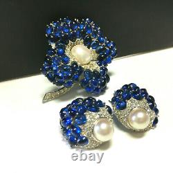 Vintage Signed BOUCHER Faux Sapphire Pearl Rhinestone BROOCH & Earring SET WW22