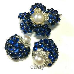 Vintage Signed BOUCHER Faux Sapphire Pearl Rhinestone BROOCH & Earring SET WW22