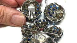 Vintage Signed BOUCHER Faux Sapphire Pearl Rhinestone BROOCH & Earring SET WW22