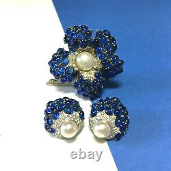 Vintage Signed BOUCHER Faux Sapphire Pearl Rhinestone BROOCH & Earring SET WW22