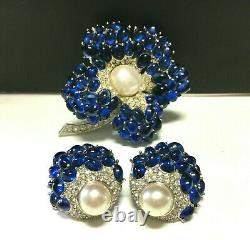 Vintage Signed BOUCHER Faux Sapphire Pearl Rhinestone BROOCH & Earring SET WW22